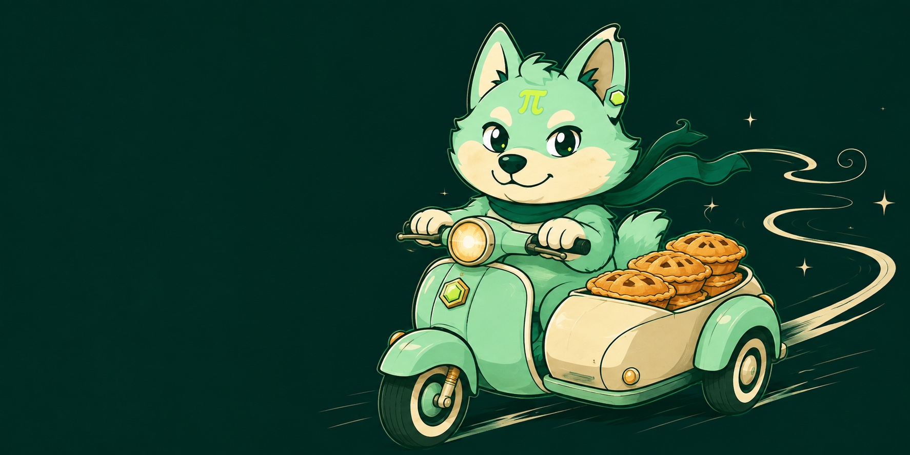 PIE rides a mint bakery scooter with a sidecar full of fresh pies
