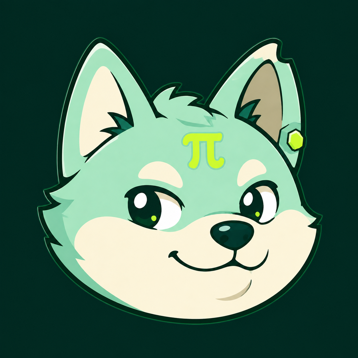 PIE, a mint-green AI pup with cream cheeks and a bright pi symbol on its forehead
